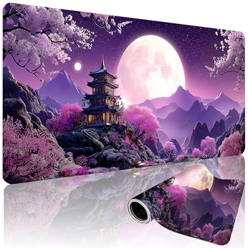 XXL Gaming Mouse Pad 35.4x15.7 Inch, Large Extended Desk Mat | Eastern Moonlit Night design, Non-Slip Rubber Base, Water-Resistant Surface and Stitched Edges for Gaming, Office & Home - color: Cherry Moon