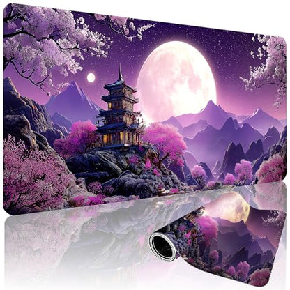 XXL Gaming Mouse Pad 35.4x15.7 Inch, Large Extended Desk Mat | Eastern Moonlit Night design, Non-Slip Rubber Base, Water-Resistant Surface and Stitched Edges for Gaming, Office & Home - color: Cherry Moon