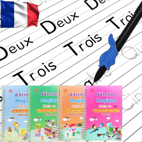 4 Magic Tracing Practice Books – Grooved Handwriting French Copybooks for Kids, Reusable Writing Practice Workbooks Without Tears, Disappearing Ink for Toddlers Preschool Learn (French) - color: French