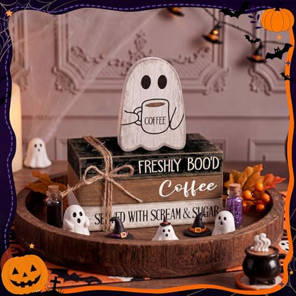 4 Pcs Halloween Table Decorations Halloween Ghost Tiered Tray Decorations Rustic Mini Ghost Coffee Wooden Books Bolck Signs Centerpiece for Farmhouse Office Shelf Tabletop Office Bookshelf - style: Halloween