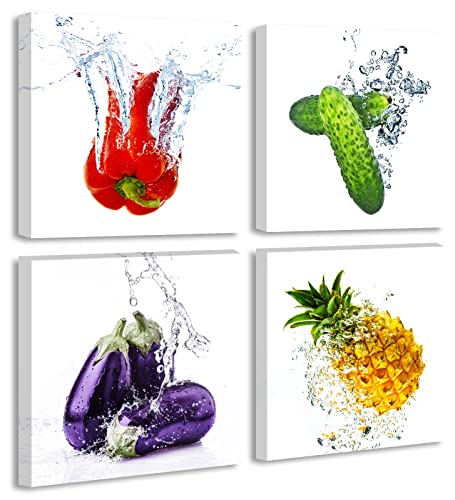 JiazuGo Colorful Fresh Vegetables Canvas Wall Art Prints - Modern Kitchen Decor with Cucumber, Eggplant, Pineapple & Pimento - 12"x12"x4 Panels for Living Room Decoration - color: SG-11