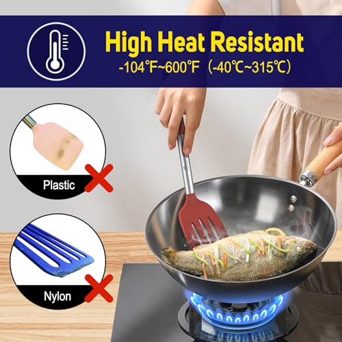 HOTEC Silicone Spatula Set of 2 Heat-Resistant 600°F & BPA-Free Kitchen SaptulaTurner with Stainless Steel Handles, Slotted & Solid Spatulas for Nonstick Cookware, 13.7 Inch, Red - color: Red