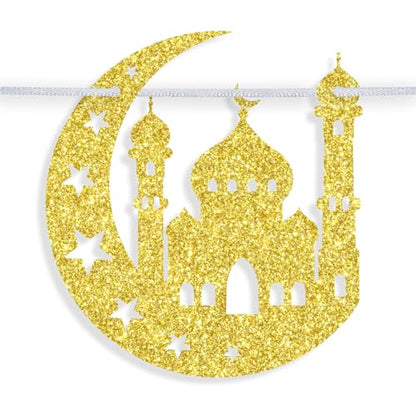 Umrah Mubarak Banner-Eid Mubarak Festival Party Hanging Decorations, Ramadan Kareem/Happy Eid, Hajj Mubarak Umrah Mubarak Islamic Party Supplies Gold and Black Glitter