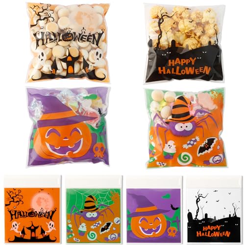 100 PCS Halloween Treat Ziplock bags(4x4 Inch) Self-sealing Candy Cookie Goodie Goody Small Gift Wrap Bags for Halloween Party Favors Supplies Decorations Spider Web Bat Pumpkin Pouches Table Decor - color: 100pcs Halloween bags