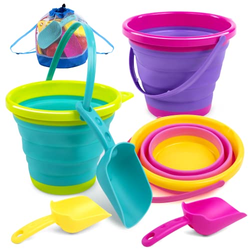 JOYIN Foldable Beach Bucket Set - 3 Packs Collapsible Toy Buckets with Shovels and Mesh Backpack for Kids Toddlers Party, Camping Gear, Travelling, Fishing Water Pail (Pink/Purple/Green) - color: Pink/Purple/Green