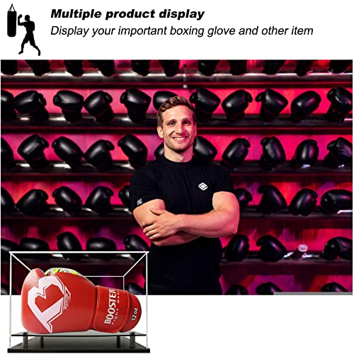 Boxing Glove Display Case,Self-Assembly Acrylic Display case for Full Size Boxing Glove,Baseball Glove Display Case Holder Showcase.Baseball Mitt Ball Football,Clear Case Black Base Riser Stand - size: 13x8.7x8.7 inch