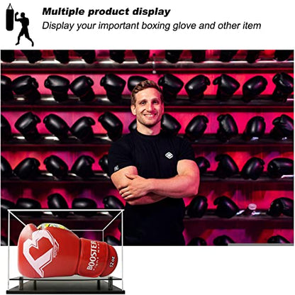 Boxing Glove Display Case,Self-Assembly Acrylic Display case for Full Size Boxing Glove,Baseball Glove Display Case Holder Showcase.Baseball Mitt Ball Football,Clear Case Black Base Riser Stand - size: 13x8.7x8.7 inch