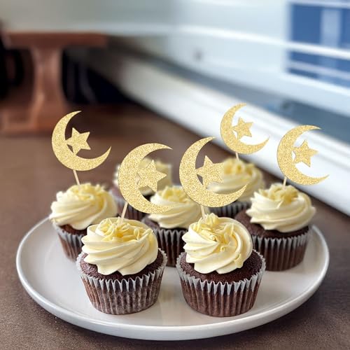 36 Pack Gold Glitter Moon and Star Eid Mubarak Cupcake Topper Ramadan Kareem Party Supplies Islamic Muslim Party Decorations - color: Gold-3