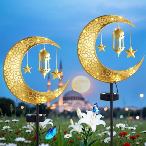 Lewondr 2Pcs Ramadan Solar Lights, Ramadan Decorations Outdoor - color: Gold