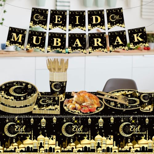 98PCS Eid Mubarak Party Supplies Black and Gold Ramadan Tableware Set Ramadan Mubarak Paper Plates and Napkins Eid Mubarak Party Decorations Eid Al-fitr Party Disposable Dinnerware Set for 16 Guests - style: Eid Mubarak