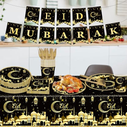 98PCS Eid Mubarak Party Supplies Black and Gold Ramadan Tableware Set Ramadan Mubarak Paper Plates and Napkins Eid Mubarak Party Decorations Eid Al-fitr Party Disposable Dinnerware Set for 16 Guests - style: Eid Mubarak