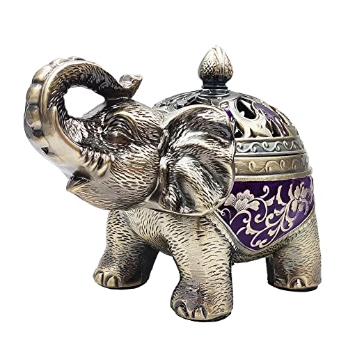 Hourwof Metal Elephant Incense Holder,Vintage Cone Coil Incense Burner with Lid,Ash Catcher,Aromatherapy Ornament Home Office Decor (Purple) - color: Purple