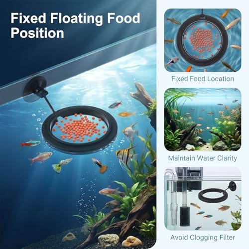 5 Sizes EVA Fish Feeding Ring and 1 Pcs Suction Cup Fish Feeder Ring | 6 Pcs Black Round Floating Rings for Aquarium Set, Floating Rings for Aquarium Betta Goldfish Guppy