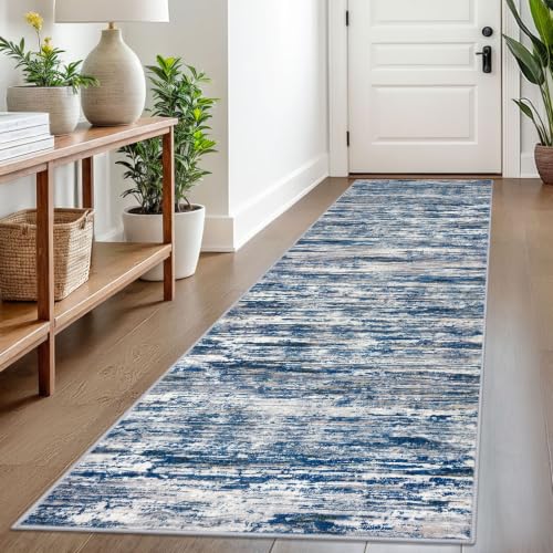 SIILOOM 2.6x8 Washable Runner Rug, Non Slip Area Rug for Hallway Kitchen - color: Navy Blue/Gray/Neutral/Multi, size: 2'7" x 8' (Runner)