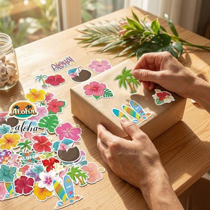 150PCS Hibiscus Flower Stickers Tropical Hawaiian Flower Vinyl Decals, Waterproof for Water Bottles Laptop Scrapbook, Luau Stickers for Kids - style: Hibiscus