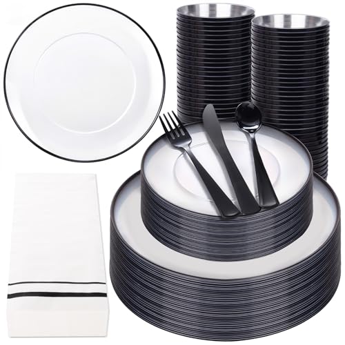 NOCCUR 350PCS Clear and Black Plastic Plates - Disposable Dinnerware Set for 50 Guests Include 100 Dinner/Dessert Plates,150 Black Cutlery,50 Cups&50 Napkins Ideal for Party/Birthday/New Year - color: Black