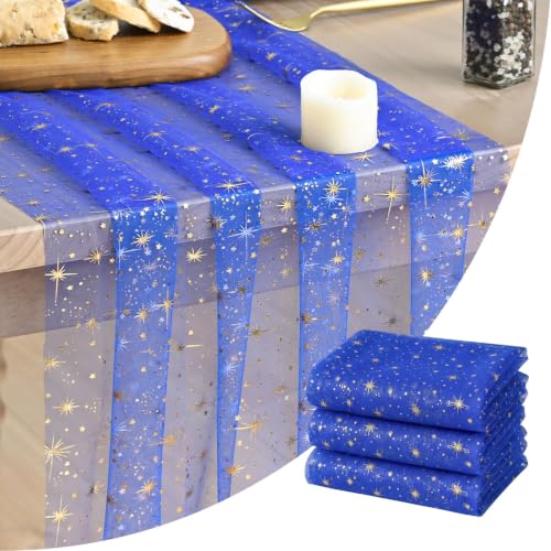 Artoid Mode 3PC Gold Stars Dark Blue Gauze Table Runner 120 Inch 10FT, Reversible Glitter Sheer Dining Wedding Holiday Birthday Table Decor for Home Party - color: Dark Blue, size: 28" x 120", 3pc