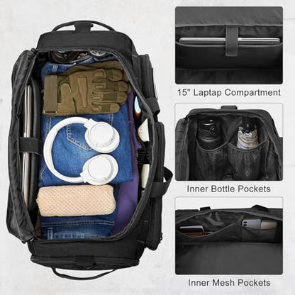 G4Free 3-in-1 Duffle Bag Travel Gym Sports, Large Tactical Duffel Backpack | 50L/65L with Shoes Compartment and Wet Pocket, Military Workout Bag for Men and Women, Black - color: Black