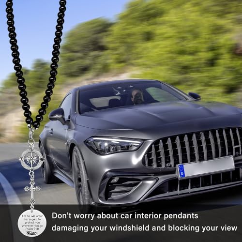 Wevdn Cross Car Charm, Rear View Mirror Christian Cross Charm with Compass Bead Chain, Religious Pendant for He Will Order His Angels to Protect You Wherever You Go Psalm 91:11