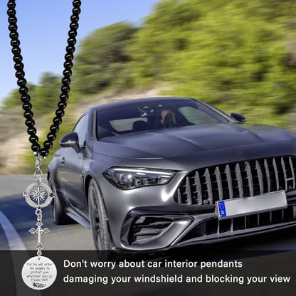 Wevdn Cross Car Charm, Rear View Mirror Christian Cross Charm with Compass Bead Chain, Religious Pendant for He Will Order His Angels to Protect You Wherever You Go Psalm 91:11