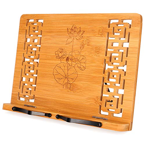 MEGREZ Book Stand for Reading (13.2 x 9.4 inch) Bamboo Cookbook Stand Holder for Kitchen, Adjustable Book Holder Stand for Tablet/Textbook Holder/Hollow Bookrest Stand, Lotus Flower & Lotus Leaf - color: Lotus Flower & Lotus Leaf