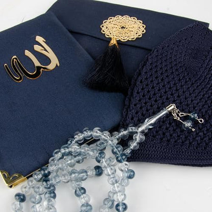 Islamic Prayer Gift Set for Men – Velvet Prayer Mat, Tasbih Beads, Yaseen Book – Muslim Prayer Essentials – Ramadan Eid Gift - color: Dark Blue