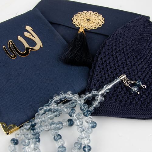 Islamic Prayer Gift Set for Men – Velvet Prayer Mat, Tasbih Beads, Yaseen Book – Muslim Prayer Essentials – Ramadan Eid Gift - color: Dark Blue