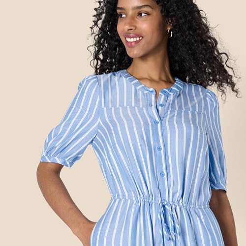 Amazon Essentials Women's Relaxed Fit Half-Sleeve Breathable Button Front Drawstring Waist Midi A-Line Dress with Pockets - color: French Blue/White Stripe, size: X-Large