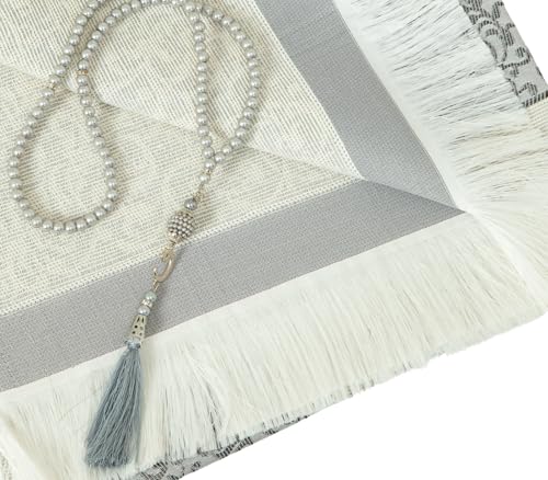 Prien Muslim Prayer Rug with Tasbih and Portable Bag, Muslim Gift for Women Men, Mubarak Islamic Box, Soft Mat Islam Gifts Set, Turkish Sajadah for Ramadan, Eid, Hajj, Travel, Pray (Grey) - color: Grey