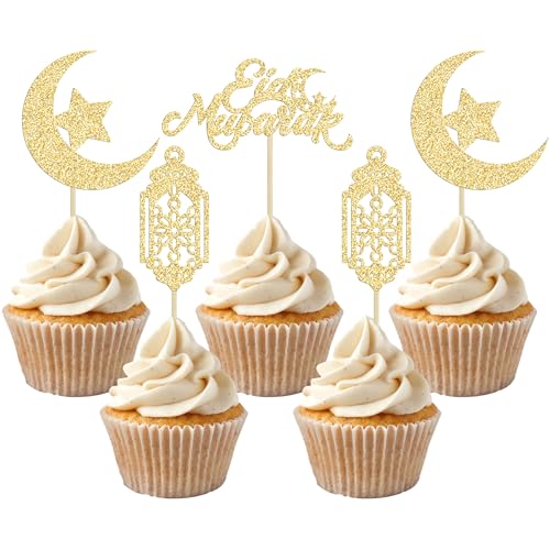 Ephlyn 24Pcs Glitter Moon Star Ramadan Kareem Happy Eid Cupcake Picks for Islamic Muslim Theme Party Cake Decorations Supplies Gold - color: Gold-6