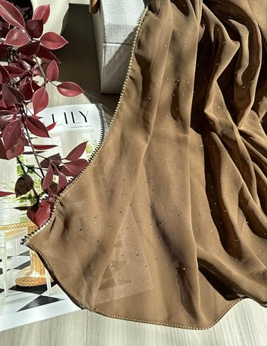 Hijab for Women Premium Chiffon Hijab Rhinestone Hijab Scraf for Women Muslim - color: Camel
