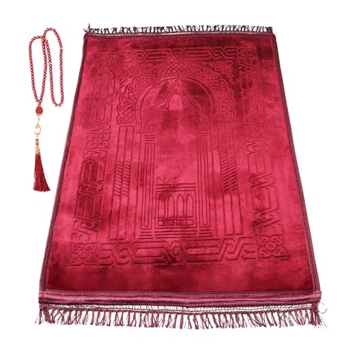 Velvet Prayer Rug - Soft Plush Turkish Janamaz Sajada Carpet for Men and Women - Plain Solid Prayer Mat Ramadan Eid Gift - with Prayer Beads - Luxury Floral Stamp,Red - color: Red