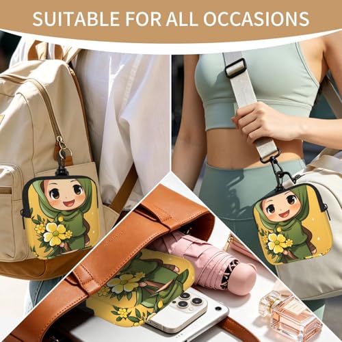 Small Neoprene Pouch, Mini Portable Makeup Bag With Carabiner Keychain Waterproof Travel Coin Purse Storage Bag Cartoon Muslim Girl Clutch Cosmetic Organizer For Women