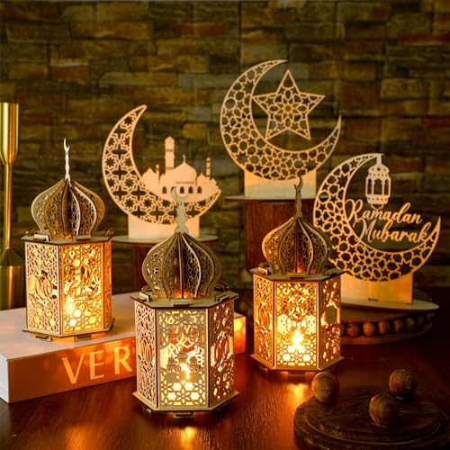Rossesay 9 Pcs Eid Decorations Ramadan Lanterns with LED Lights Moon Hollow Eid Plaque Set Eid Mubarak Table Decor Muslim Wooden Hanging Lantern Night Light for Ramadan Kareem Party Decorations