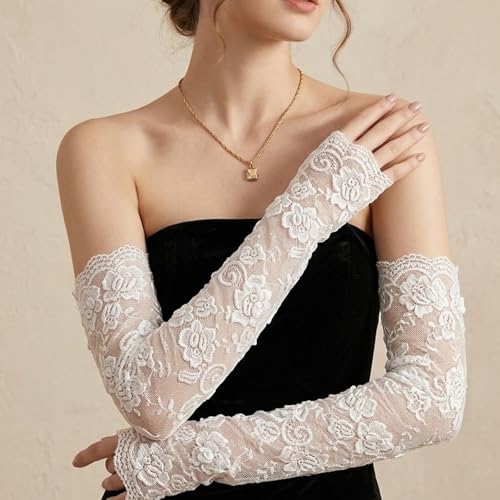4 Pairs Women Lace Arm Sleeves, Floral Hollow Arms Cover Warmer Elegant Long Floral Lace Fingerless Gloves Elbow Length Arm Sleeves for Tea Party, Elbow Length Laces Sleeve to Cover Arms for Women