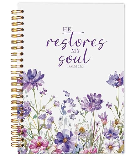 Christian Notebook for Women, Christian Gifts Journal, Prayer Journal for Women, Bible Journaling Notebook, PSALM 23:3 He Restores My Soul Floral Spiral Notebook 5.5x8.3 - color: 16-Christian-notebook