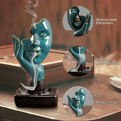 YYW Waterfall Incense Burner Backflow Incense Holder Fountain with 20 Incense Cones and 30 Incense Sticks Contemplate Half Face Incense Holder Aromatherapy Ornament Thinking Statue Yoga Room Decor
