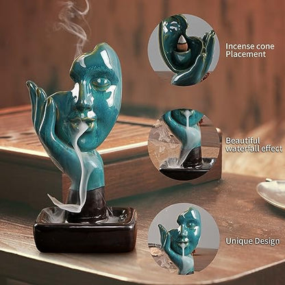 YYW Waterfall Incense Burner Backflow Incense Holder Fountain with 20 Incense Cones and 30 Incense Sticks Contemplate Half Face Incense Holder Aromatherapy Ornament Thinking Statue Yoga Room Decor