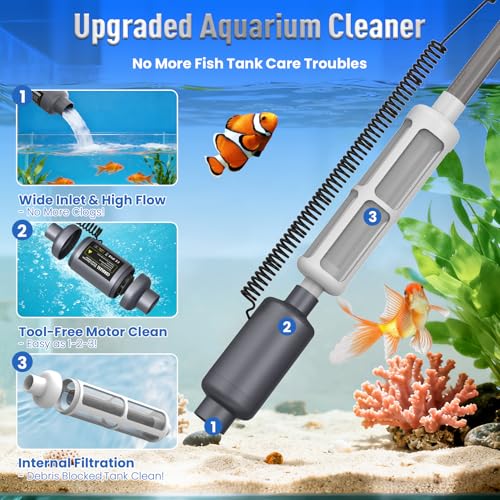 Cordless Aquarium Gravel Cleaner: 36W Electric Fish Tank Vacuum Cleaner | Rechargeable & 4 Adjustable Suction, Anti-Clog for Debris Clean & Sand Washing,Automatic Water Changer for 10-75 Gallon Tank