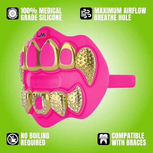 Loudmouth Football Mouth Guard - 3D Chrome Grillz Football Mouthpiece, Fits Adult & Youth, Mouth Guard Accessories (3D Grillz Bling - Fluorescent Pink) - color: 3d Grillz Bling - Fluorescent Pink