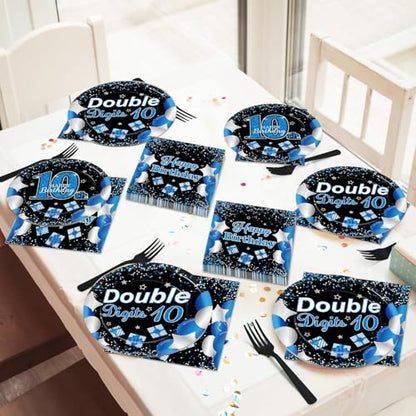 Qyeahkj 100 Pcs 10th Birthday Decorations for Boys Official Teen 10th Supplies Plate Napkin Forks Set Disposable Blue 10th Birthday Tableware Paper Plates Dinnerware for Kids Teenager Favors Serve 25 - style: 10th Birthday