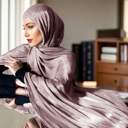 Premium Hijab Head Scarf for Women Lightweight Shimmer Hijab Head Wrap Scarves Crepe Satin Scarf Shawl Wrap - color: Dusty Purple