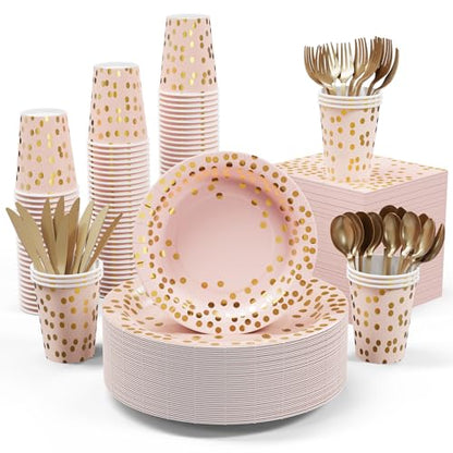 Pink and Gold Party Supplies - 350 PCS Disposable Dinnerware Set - Pink Paper Plates Napkins Cups, Gold Plastic Forks Knives Spoon for Graduation, Birthday, Thanksgiving, Cocktail Party - color: Pink & Gold