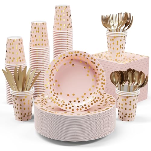 Pink and Gold Party Supplies - 350 PCS Disposable Dinnerware Set - Pink Paper Plates Napkins Cups, Gold Plastic Forks Knives Spoon for Graduation, Birthday, Thanksgiving, Cocktail Party - color: Pink & Gold
