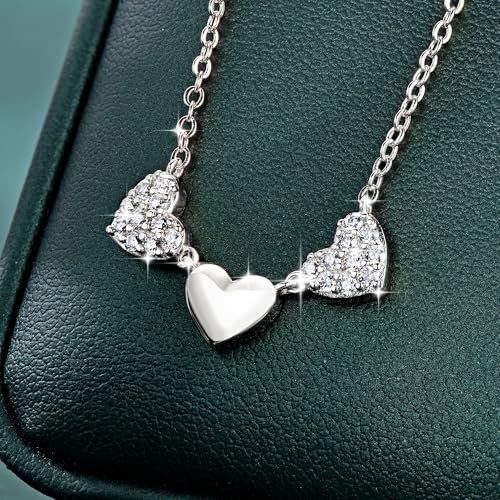 Moissanite 3-Heart Pendant Necklace for Women | 0.3CTTW D Color VVS1 Moissanite 14K Gold Plated Eternal Heart Pendant for Wife Mom Birthday Jewelry Gifts - color: Silver