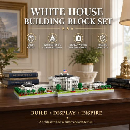 White House Micro Building Block Set 3000 Pcs Washington DC Architecture Model Kit for Adults & Teens US Historic Landmark Home Office Desk Decor Display Souvenir Gift - style: White House