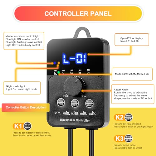 2100GPH Aquarium Wave Maker with Controller Mini DC 24V 12W Powerhead with Magnetic Mounting, Wavemaker with LED Display for 50 to 100 Gallon Tank - size: 12W 2100GPH