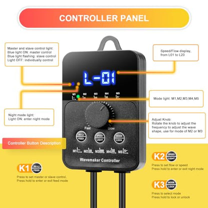 2100GPH Aquarium Wave Maker with Controller Mini DC 24V 12W Powerhead with Magnetic Mounting, Wavemaker with LED Display for 50 to 100 Gallon Tank - size: 12W 2100GPH