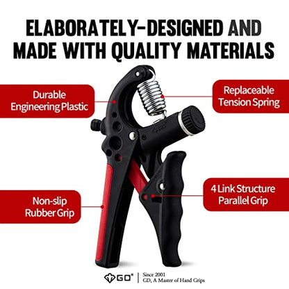 GD Grip2 Hand Grip Strengthener (Grip Strength Trainer) Adjustable Gripper (22~77lbs) Forearm and Wrist Exerciser Strengthener for grip Strength - color: RED