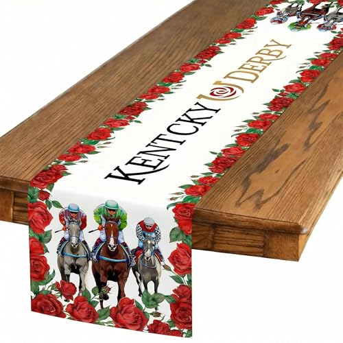 Derby Horse Racing Linen Table Runner: Kentucky Tablerunner Churchill Downs Run for the Roses Horse Racing Party Decor Perfect for Rustic Kitchen Dining, Party, Mantel 13×72Inches(1 Pcs) - color: Derby Horse Racing